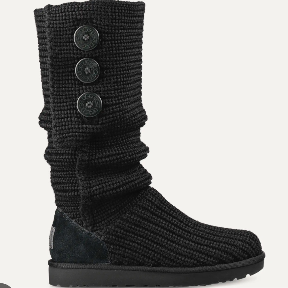 UGG Classic Cardy Black Knit Boots - Cozy Slip-On Winter Button Accents